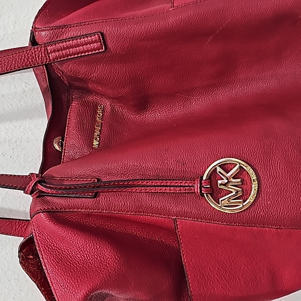 Michael Kors Large Pebbled Red Leather Handbag Tote Spacious - Picture 4 of 12